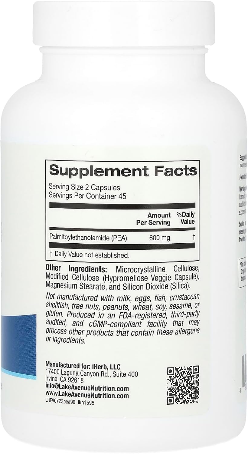 Lake Avenue Palmitoylethanolamide Capsules - 300mg Micronized Pea for Pain Relief - 90 Veggie Caps, Gluten & Soy Free