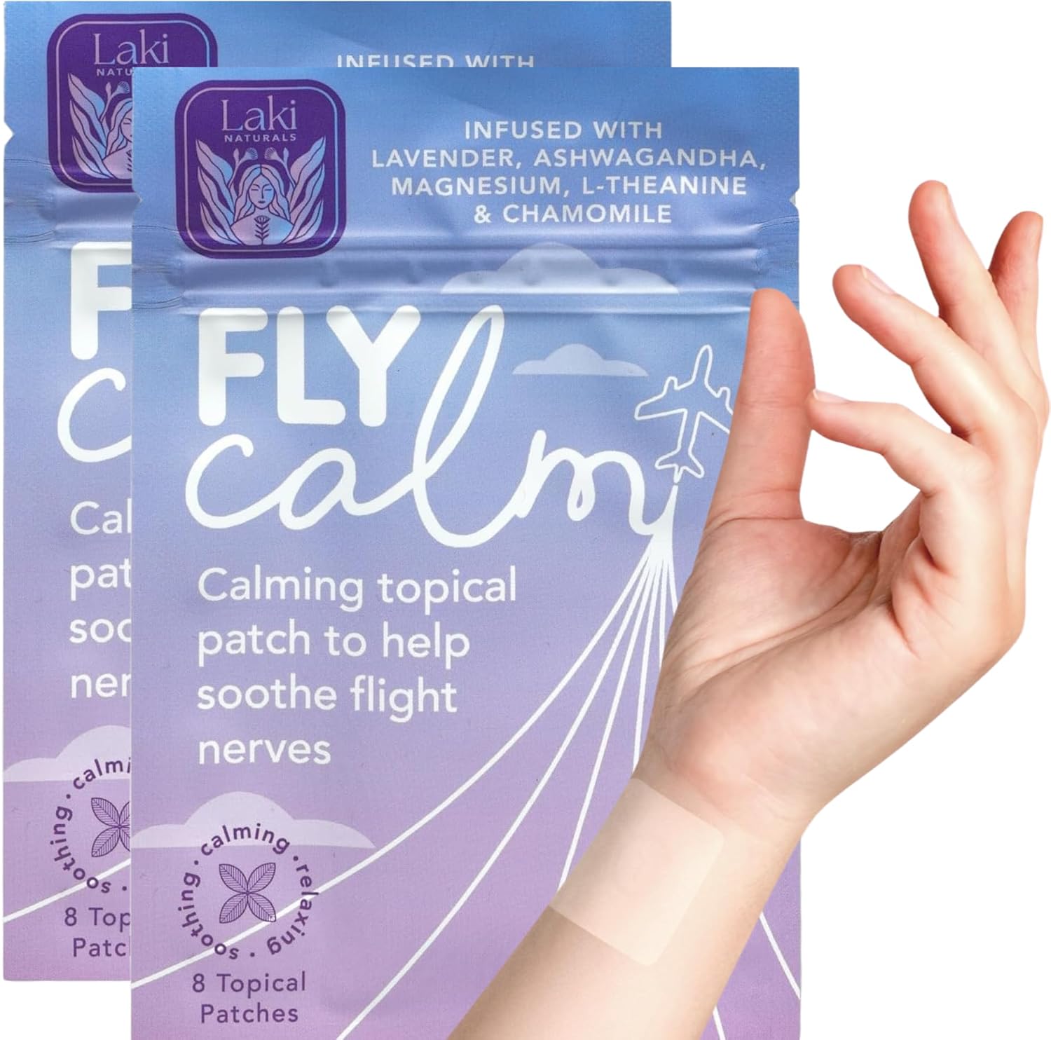 Laki Naturals Fly Calm Patch 2-Pack - 8 Patches | Plant-Based Air Travel Stress Relief | Soothe Fear of Flying with Natural Ingredients