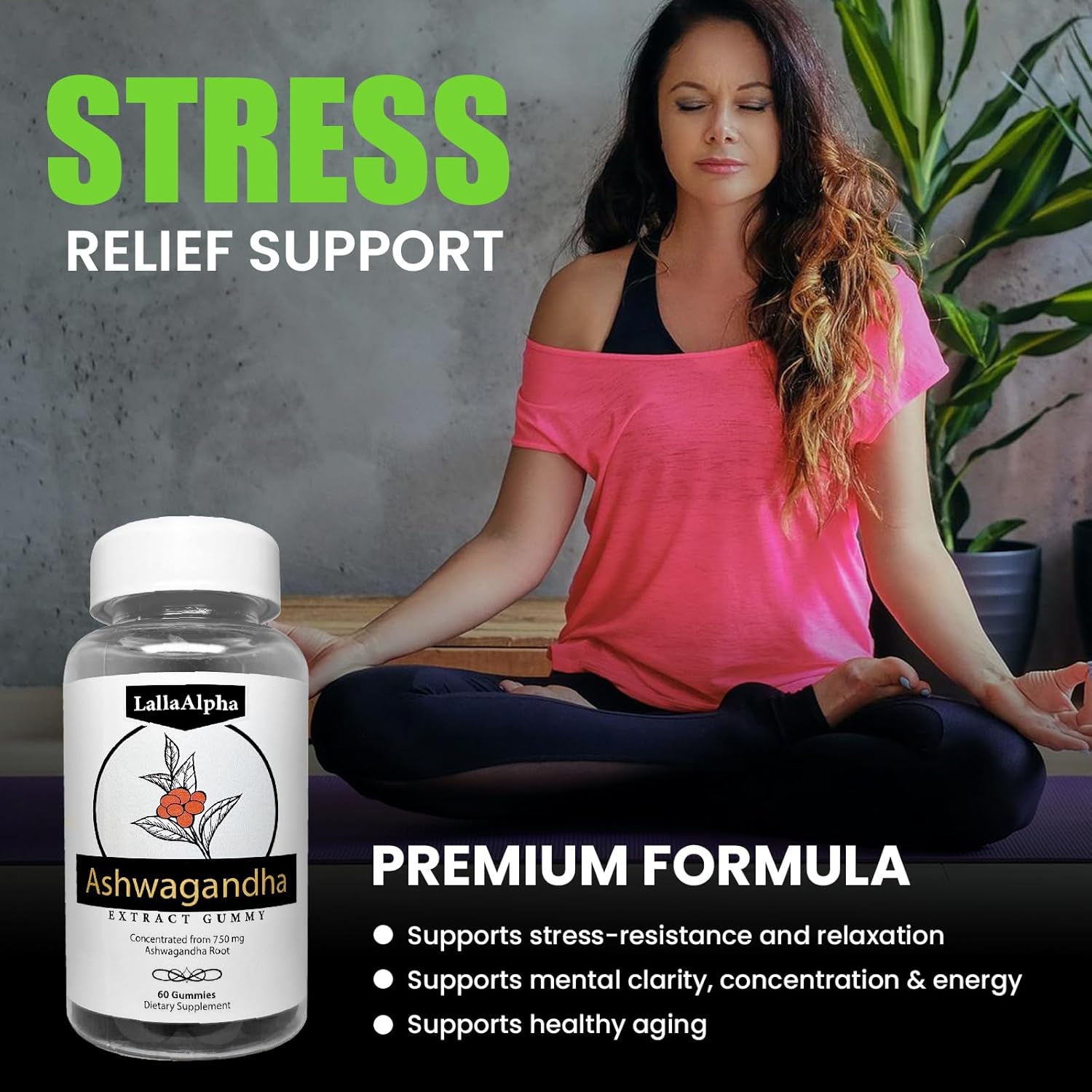 LallaAlpha Ashwagandha Gummies - 750mg - 60 Count - Natural Stress Relief & Energy Support