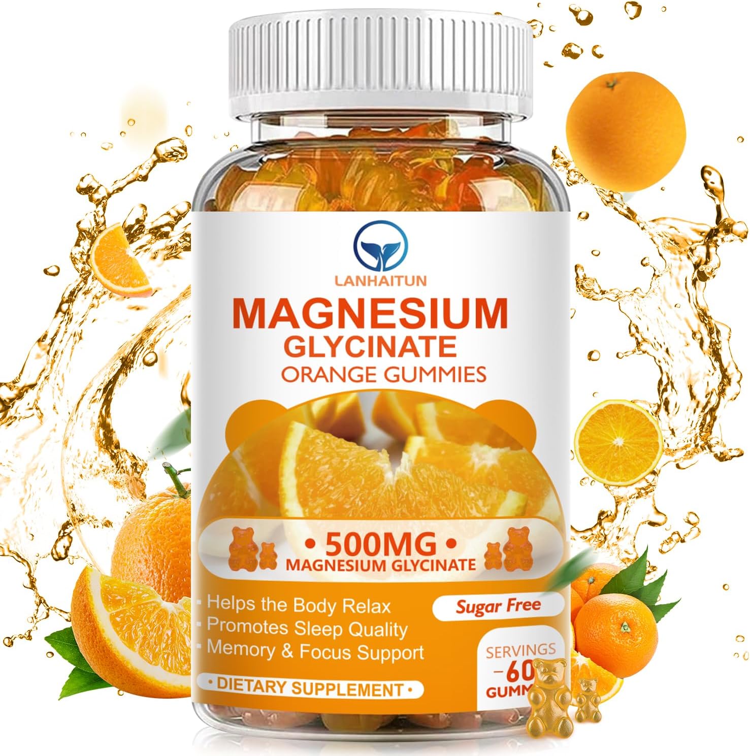 LANHAITUN Magnesium Glycinate Gummies with Magnesium L-Threonate - Sugar Free Supplement for Adults & Kids - Orange Flavored - 60 Pack