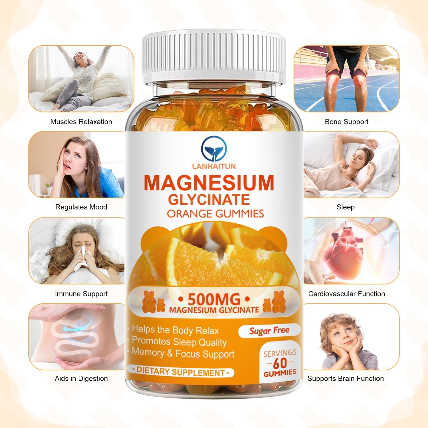 LANHAITUN Magnesium Glycinate Gummies with Magnesium L-Threonate - Sugar Free Supplement for Adults & Kids - Orange Flavored - 60 Pack