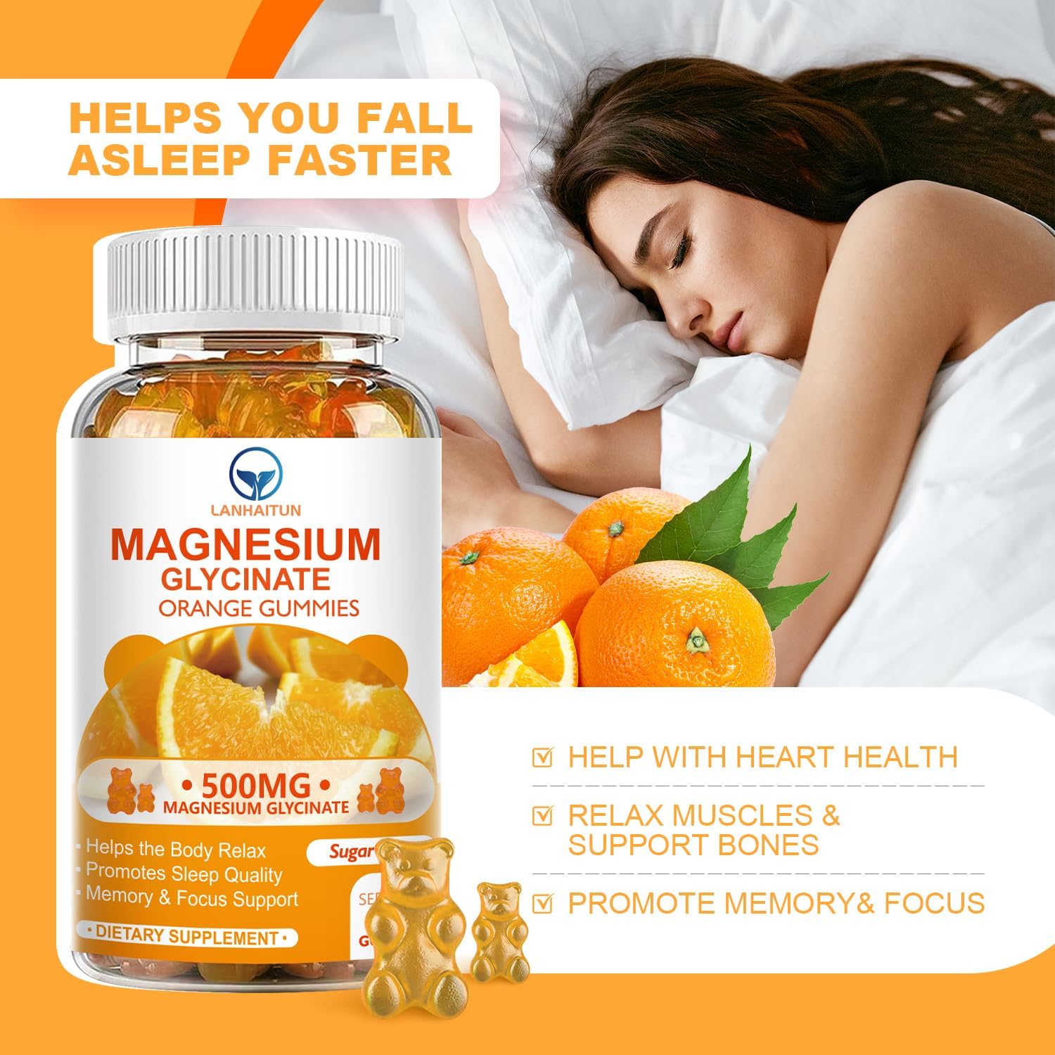 LANHAITUN Magnesium Glycinate Gummies with Magnesium L-Threonate - Sugar Free Supplement for Adults & Kids - Orange Flavored - 60 Pack