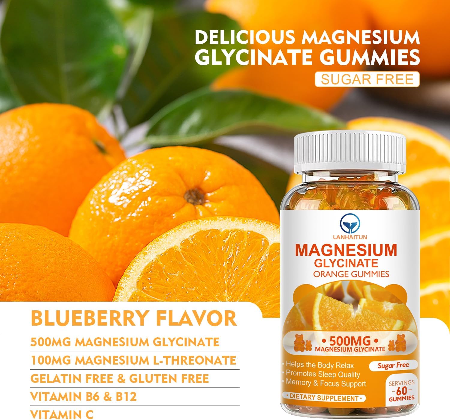 LANHAITUN Magnesium Glycinate Gummies with Magnesium L-Threonate - Sugar Free Supplement for Adults & Kids - Orange Flavored - 60 Pack