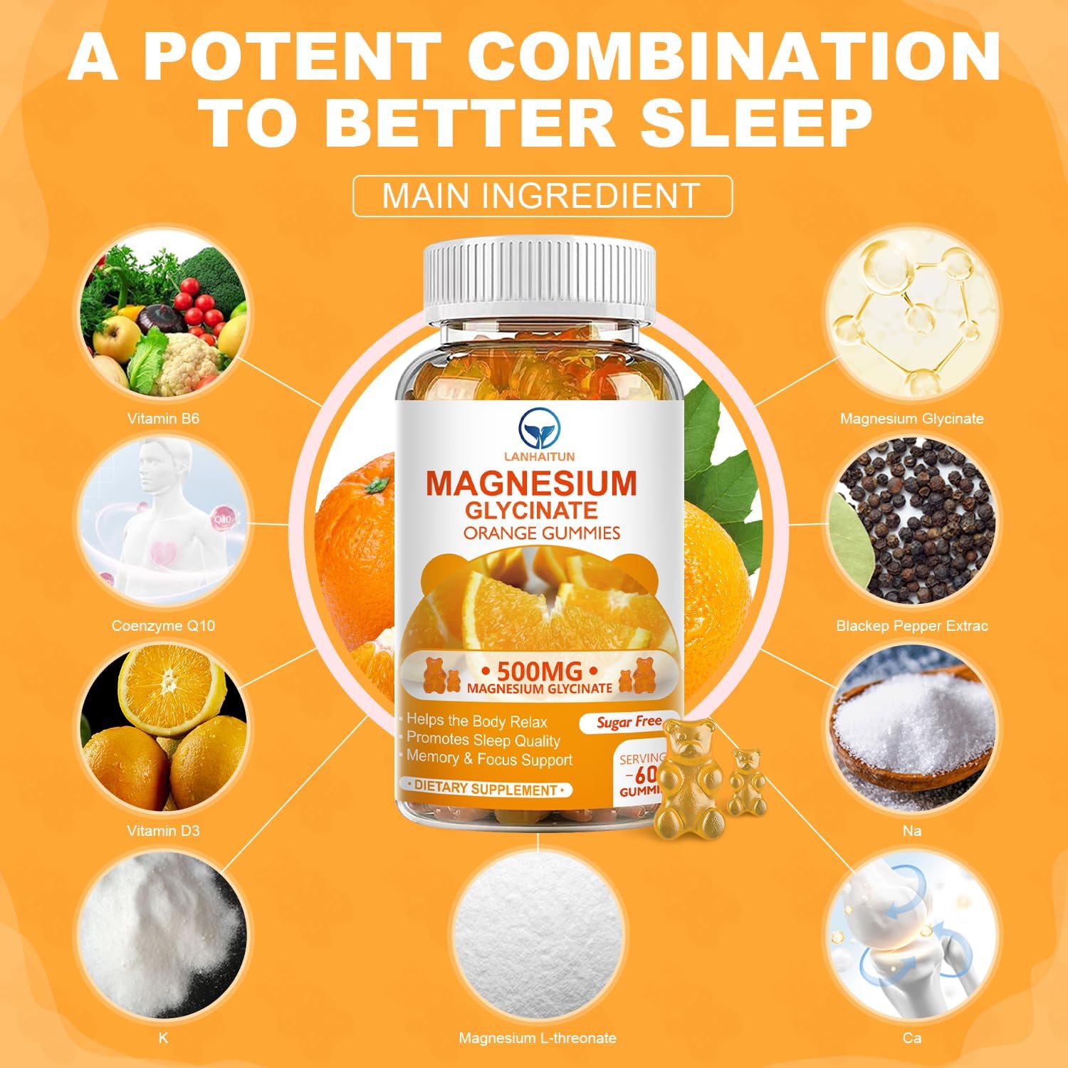 LANHAITUN Magnesium Glycinate Gummies with Magnesium L-Threonate - Sugar Free Supplement for Adults & Kids - Orange Flavored - 60 Pack