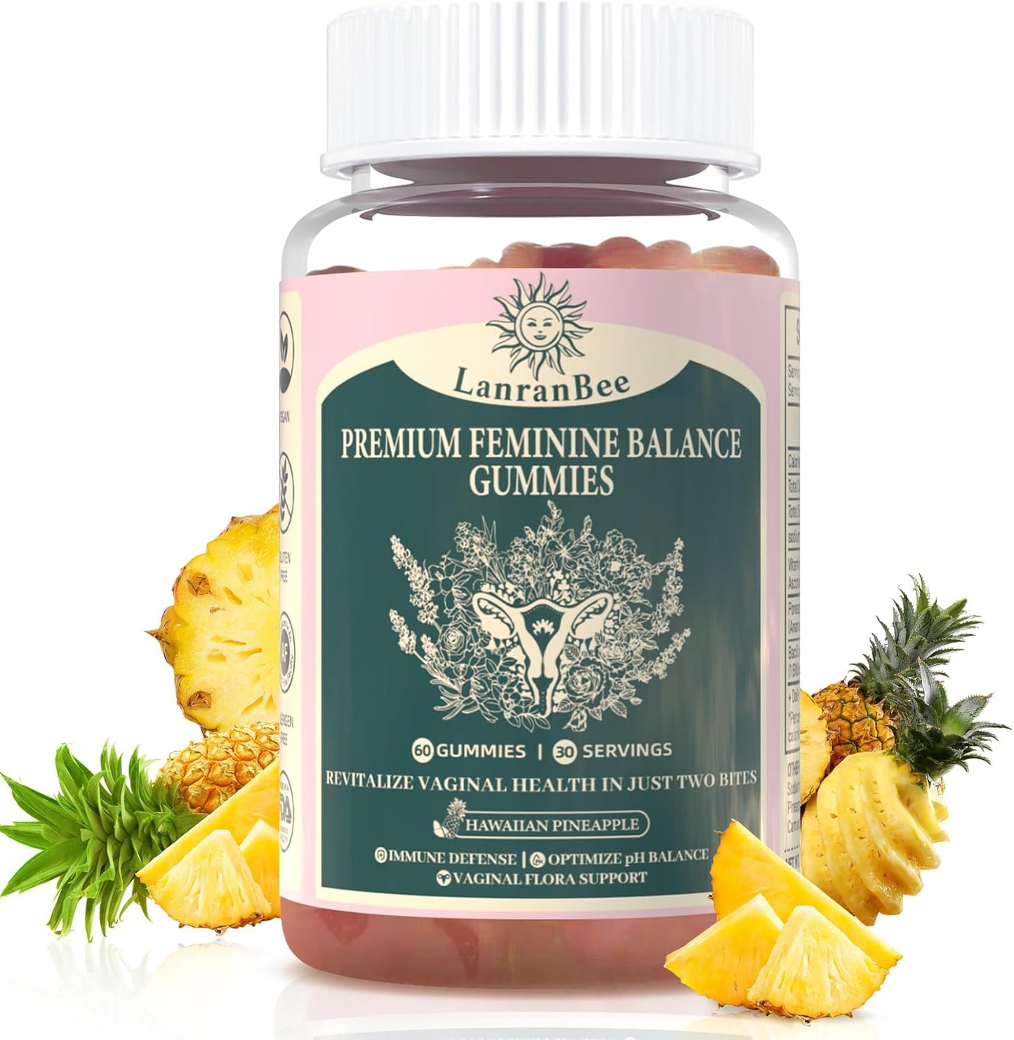 LanranBee Hawaiian Pineapple Women’s Health Gummies - Vegan, Gluten-Free, Halal - Immune Support & Wellness - 60 Gummies