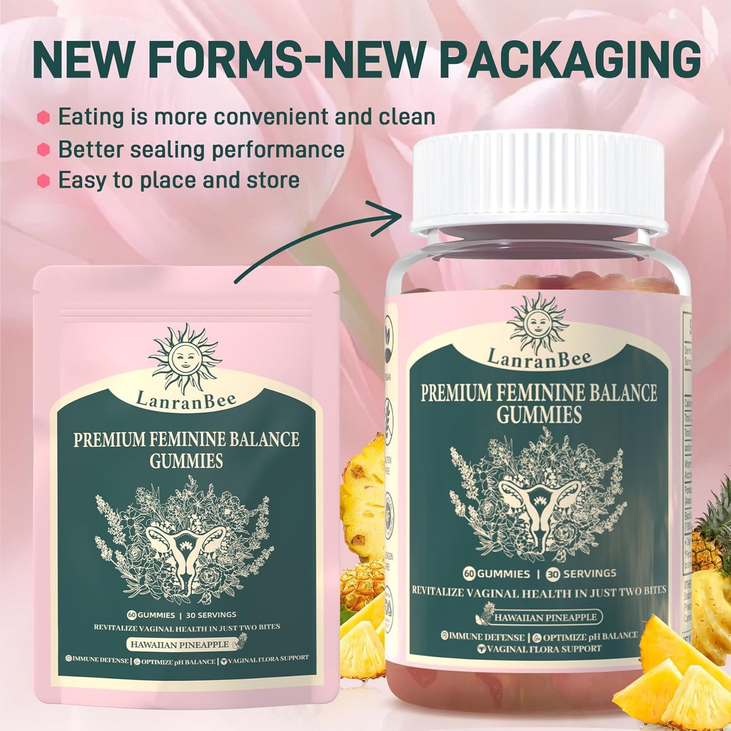 LanranBee Hawaiian Pineapple Women’s Health Gummies - Vegan, Gluten-Free, Halal - Immune Support & Wellness - 60 Gummies