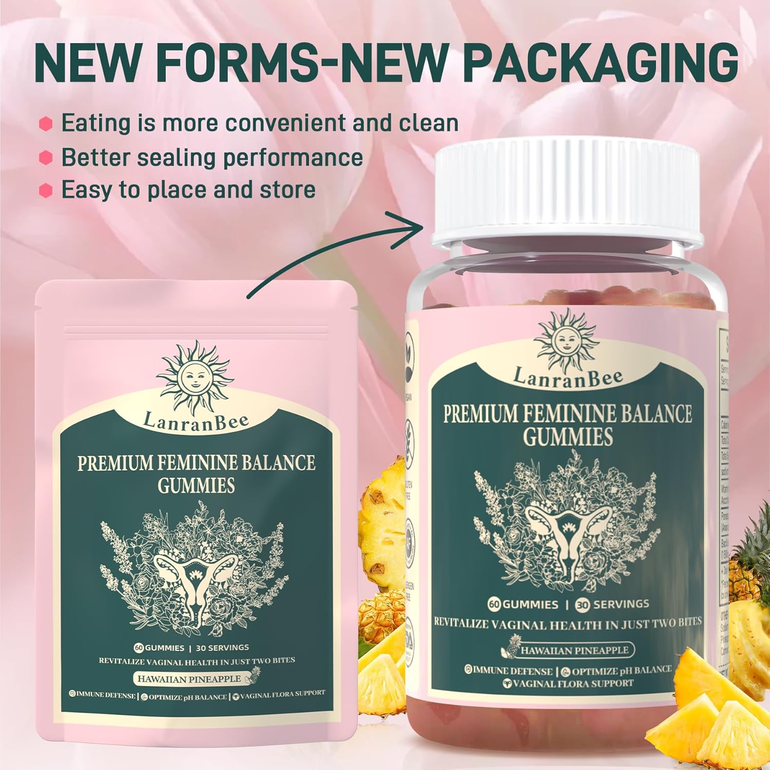 LanranBee Hawaiian Pineapple Women’s Health Gummies - Vegan, Gluten-Free, Halal - Immune Support & Wellness - 60 Gummies