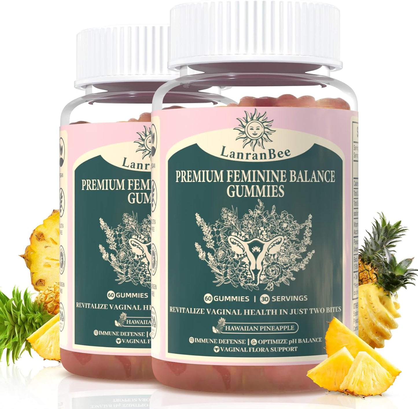 LanranBee Women's Health Gummies - Immune Support & Wellness - Vegan, Gluten-Free, Halal - Hawaiian Pineapple - 60 Gummies