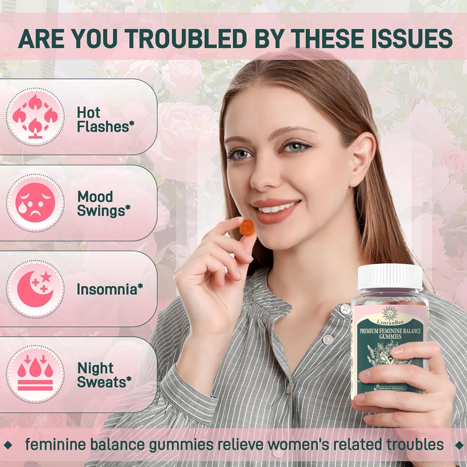 LanranBee Women's Health Gummies - Immune Support & Wellness - Vegan, Gluten-Free, Halal - Hawaiian Pineapple - 60 Gummies