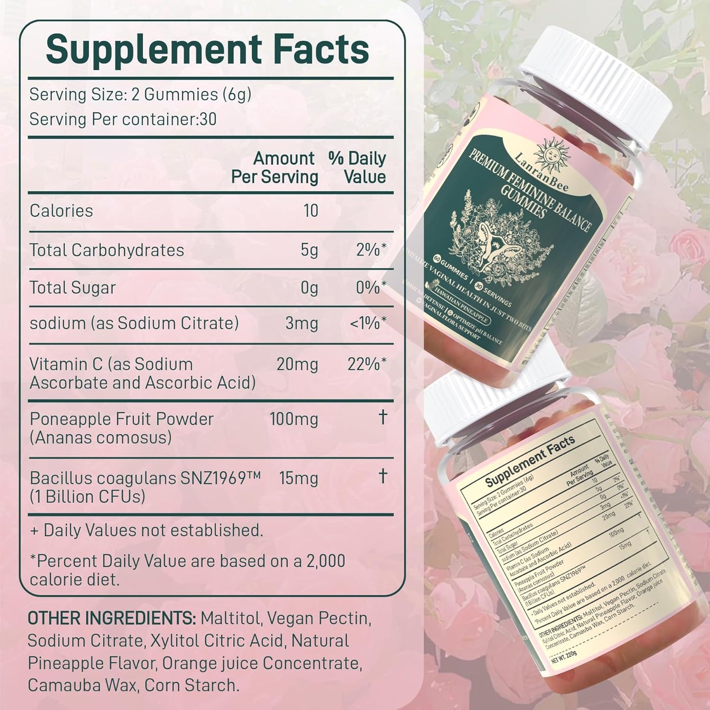 LanranBee Women's Health Gummies - Immune Support & Wellness - Vegan, Gluten-Free, Halal - Hawaiian Pineapple - 60 Gummies