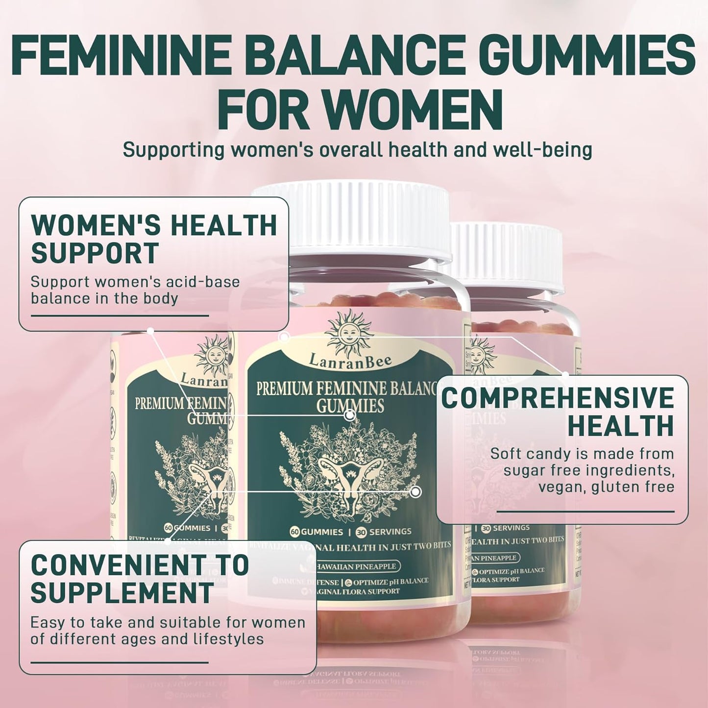 LanranBee Women's Health Gummies - Immune Support & Wellness - Vegan, Gluten-Free, Halal - Hawaiian Pineapple - 60 Gummies