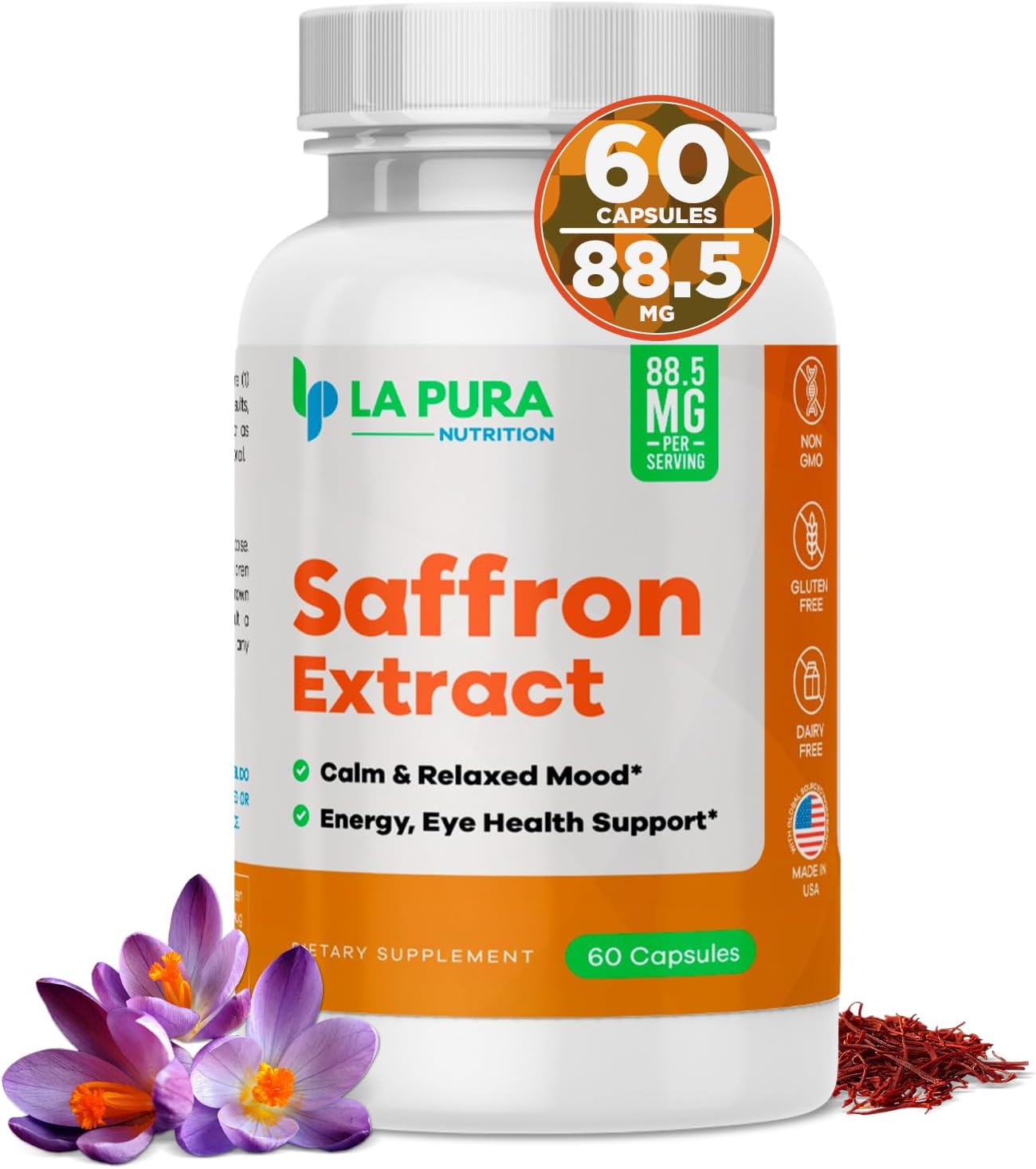 LaPura Pure Saffron Extract Capsules - Natural Mood and Energy Booster - Eye and Heart Health Support - Non-GMO, Gluten-Free - Made in USA