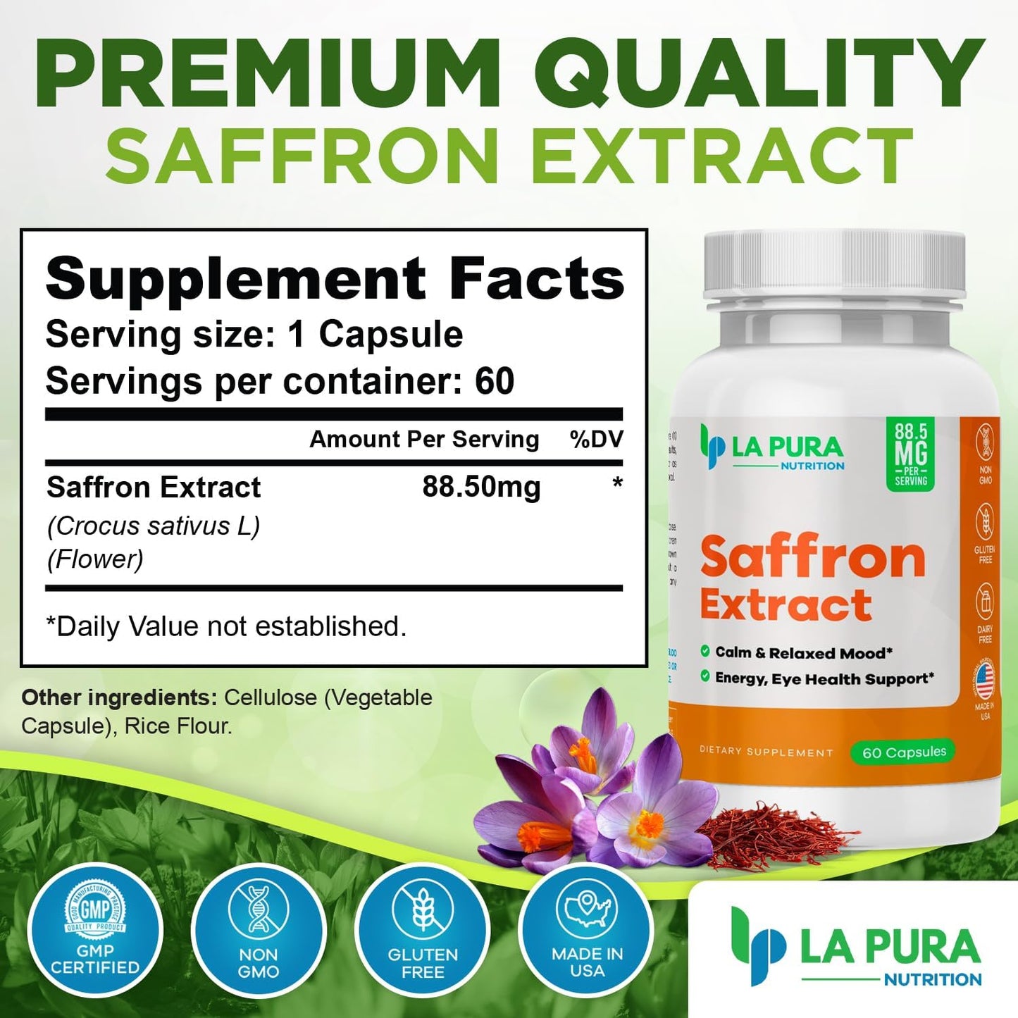 LaPura Pure Saffron Extract Capsules - Natural Mood and Energy Booster - Eye and Heart Health Support - Non-GMO, Gluten-Free - Made in USA