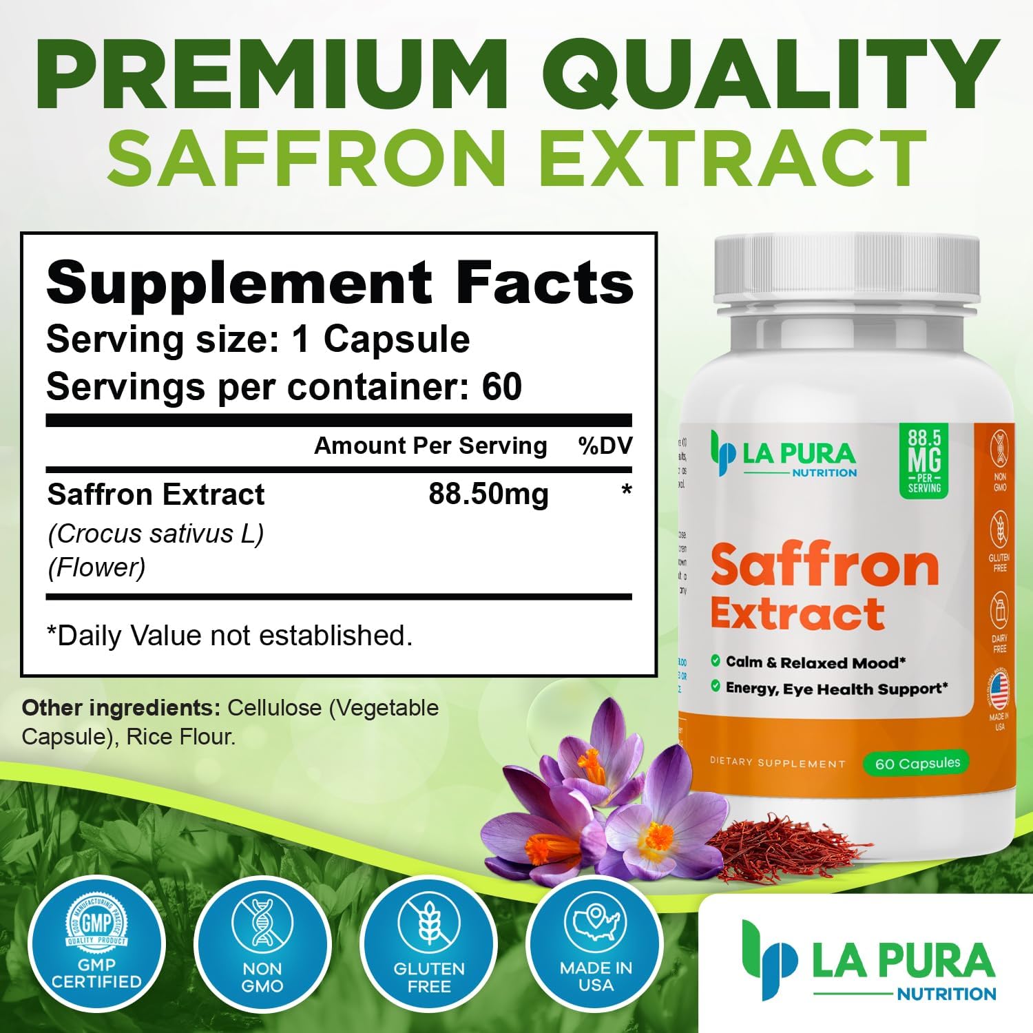 LaPura Pure Saffron Extract Capsules - Natural Mood and Energy Booster - Eye and Heart Health Support - Non-GMO, Gluten-Free - Made in USA
