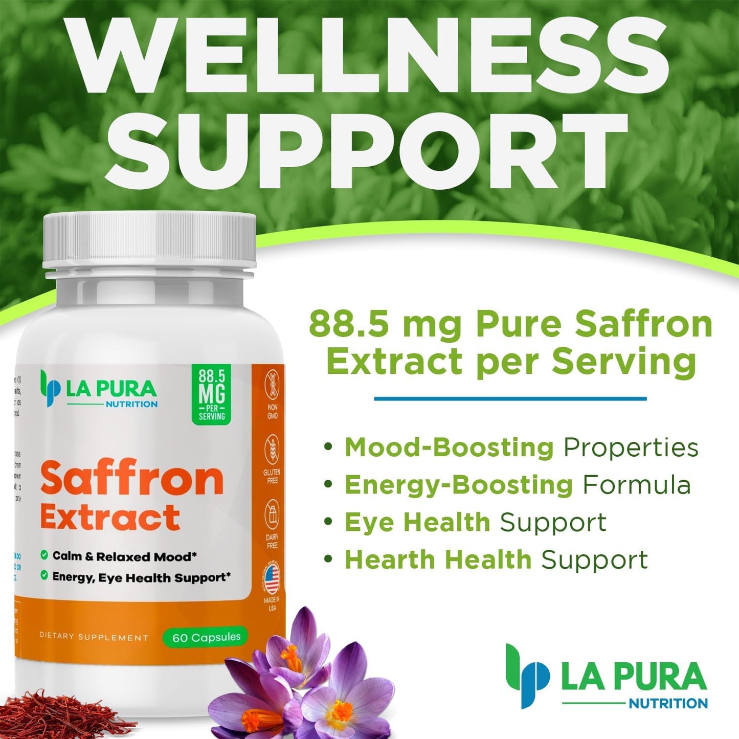 LaPura Pure Saffron Extract Capsules - Natural Mood and Energy Booster - Eye and Heart Health Support - Non-GMO, Gluten-Free - Made in USA