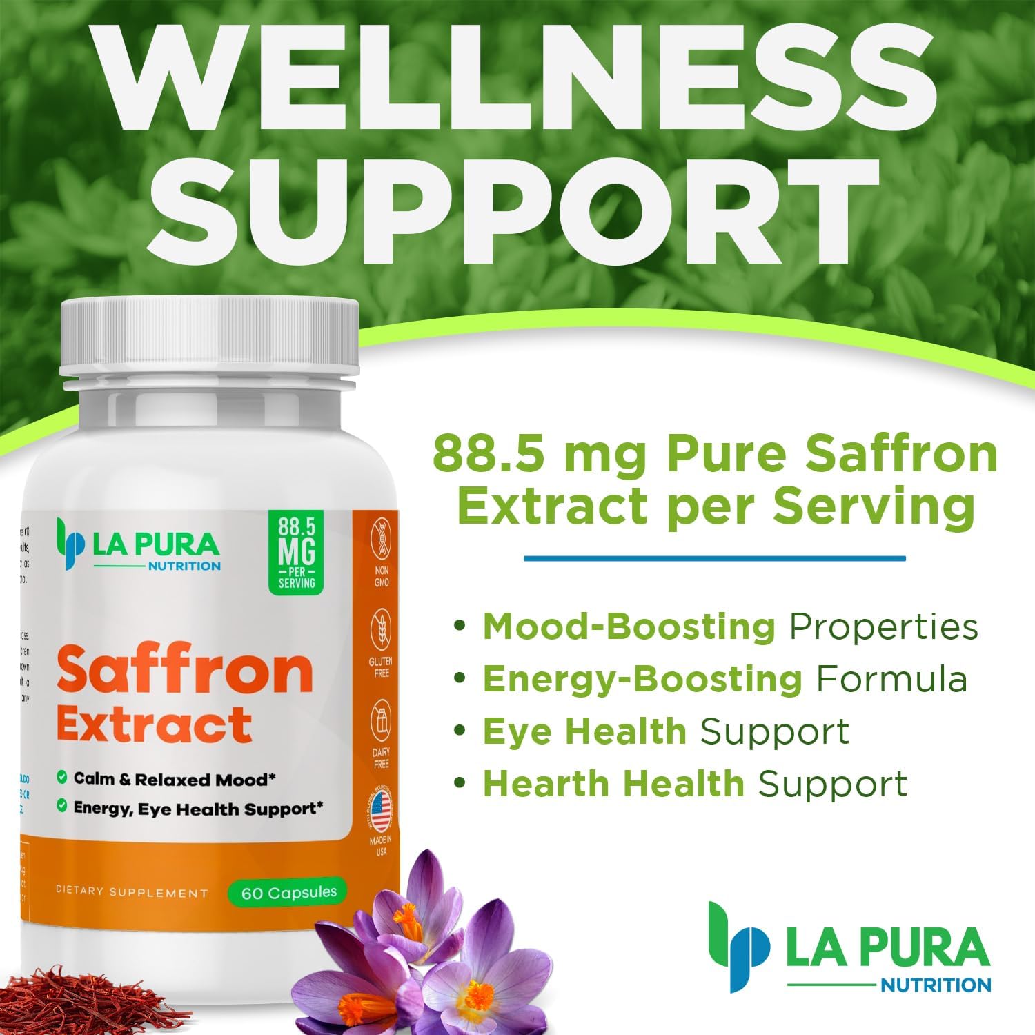 LaPura Pure Saffron Extract Capsules - Natural Mood and Energy Booster - Eye and Heart Health Support - Non-GMO, Gluten-Free - Made in USA