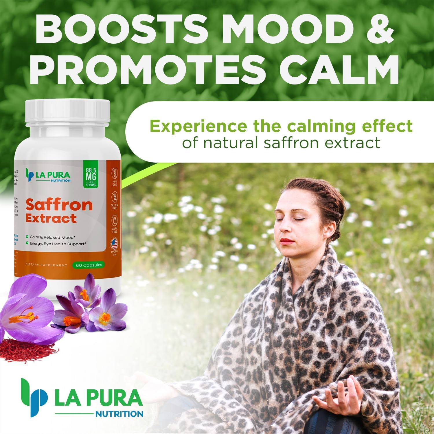 LaPura Pure Saffron Extract Capsules - Natural Mood and Energy Booster - Eye and Heart Health Support - Non-GMO, Gluten-Free - Made in USA