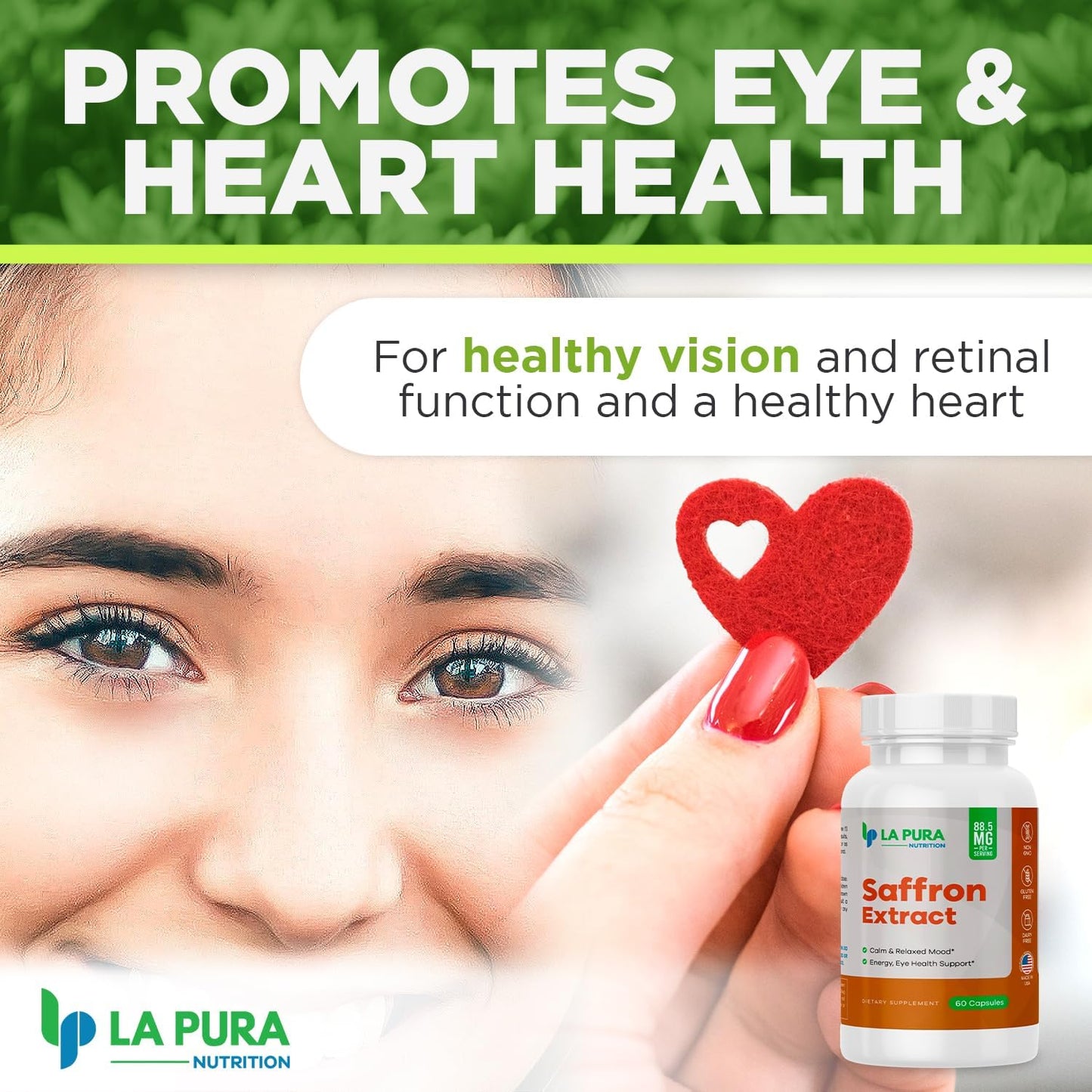 LaPura Pure Saffron Extract Capsules - Natural Mood and Energy Booster - Eye and Heart Health Support - Non-GMO, Gluten-Free - Made in USA