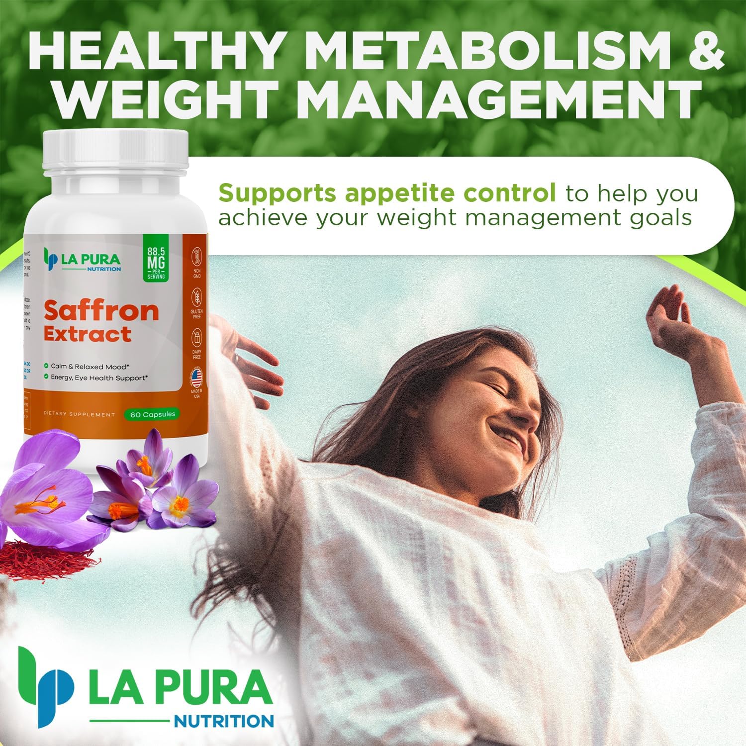 LaPura Pure Saffron Extract Capsules - Natural Mood and Energy Booster - Eye and Heart Health Support - Non-GMO, Gluten-Free - Made in USA