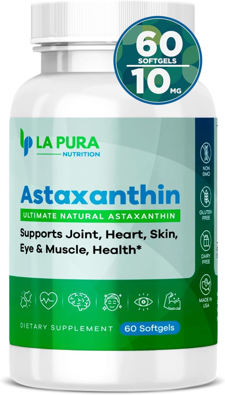 LaPura Ultimate Natural Astaxanthin 10mg Softgel Capsules - Pure Antioxidant Supplement for Joint, Heart, Brain, Skin, Eye & Muscle Support - Non-GMO, Gluten-Free, Made in USA