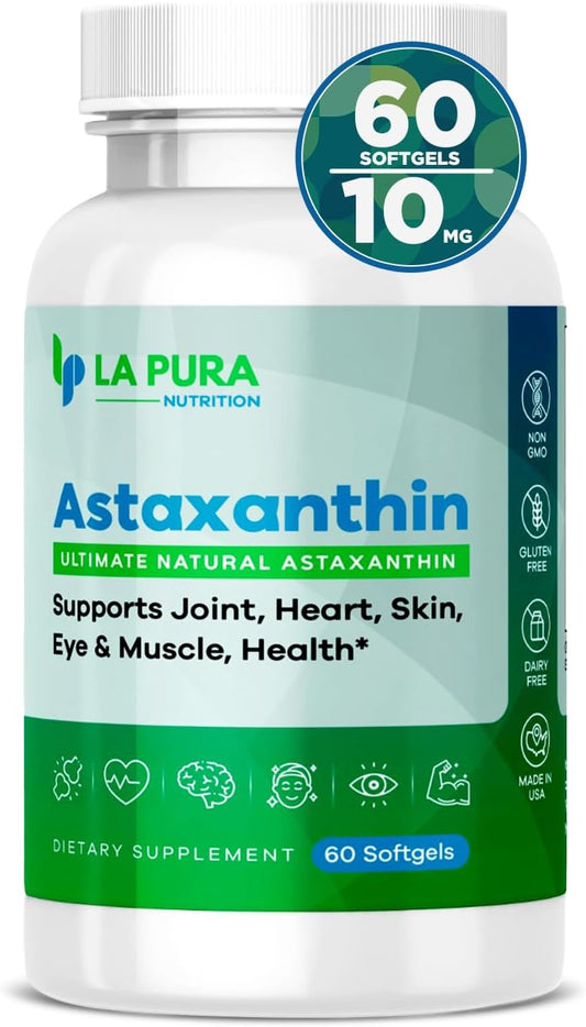 LaPura Ultimate Natural Astaxanthin 10mg Softgel Capsules - Pure Antioxidant Supplement for Joint, Heart, Brain, Skin, Eye & Muscle Support - Non-GMO, Gluten-Free, Made in USA