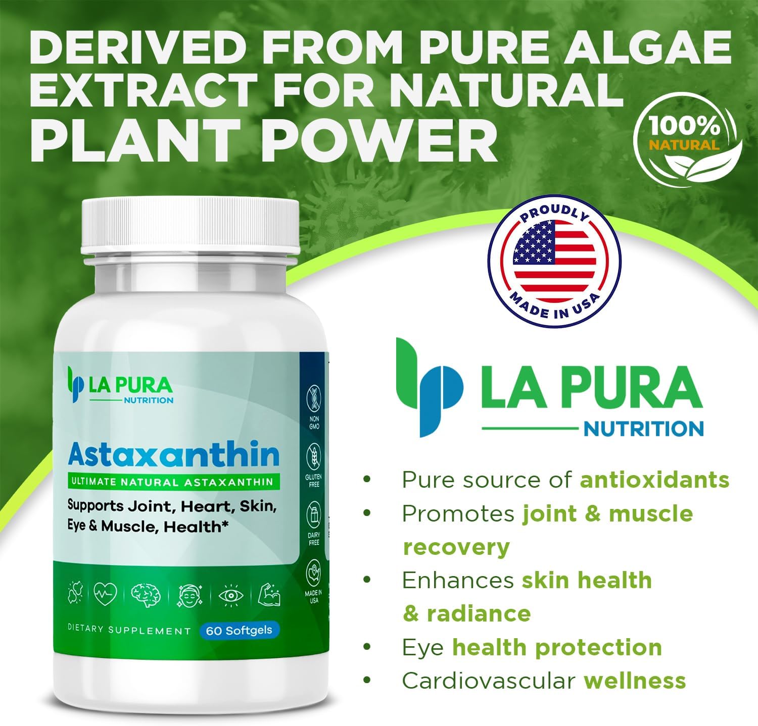 LaPura Ultimate Natural Astaxanthin 10mg Softgel Capsules - Pure Antioxidant Supplement for Joint, Heart, Brain, Skin, Eye & Muscle Support - Non-GMO, Gluten-Free, Made in USA