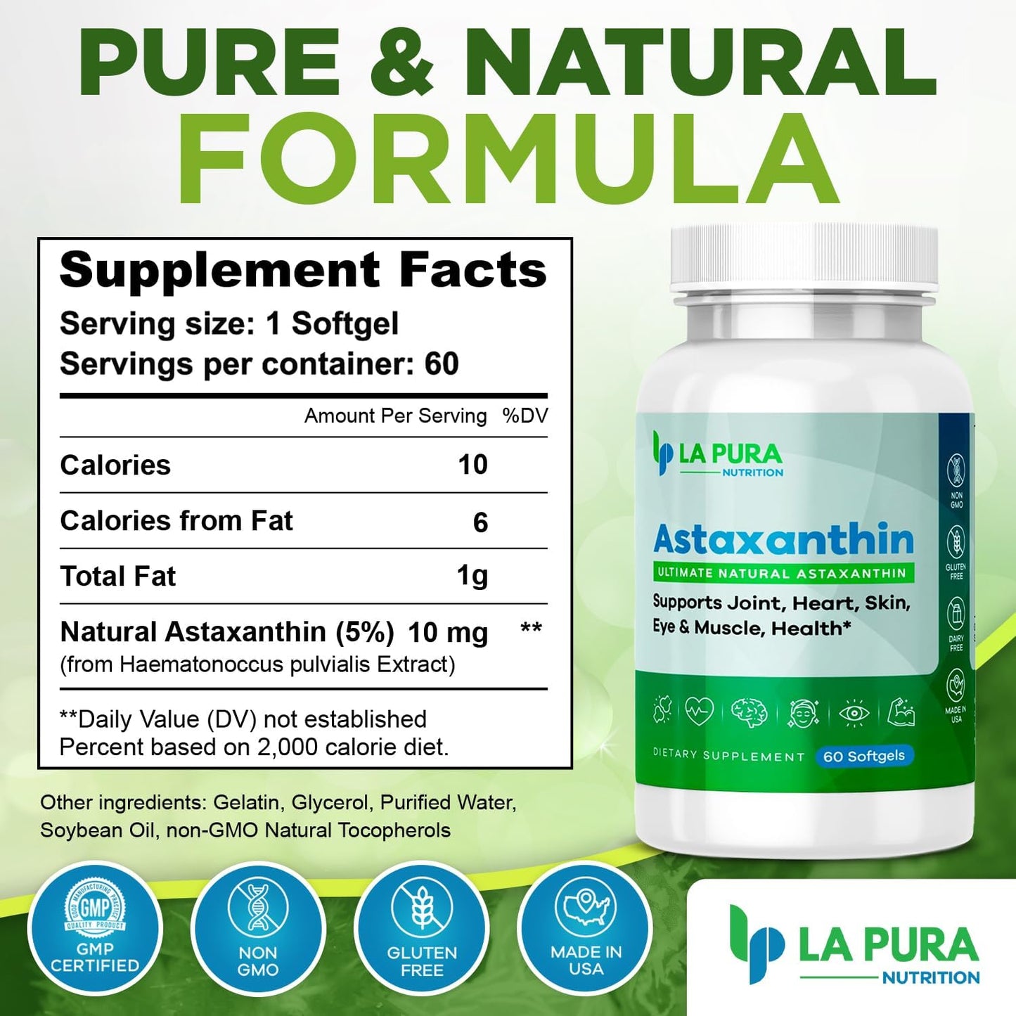 LaPura Ultimate Natural Astaxanthin 10mg Softgel Capsules - Pure Antioxidant Supplement for Joint, Heart, Brain, Skin, Eye & Muscle Support - Non-GMO, Gluten-Free, Made in USA