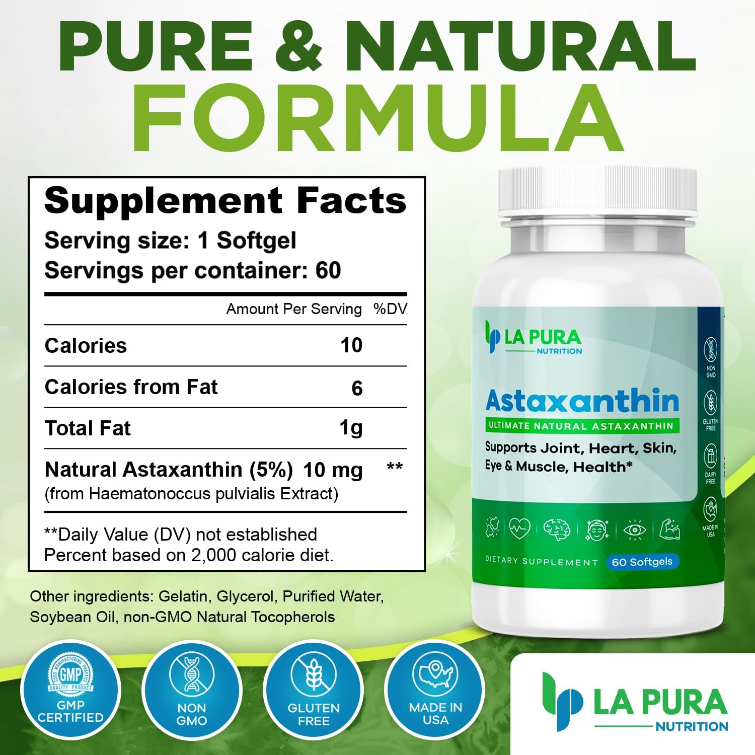 LaPura Ultimate Natural Astaxanthin 10mg Softgel Capsules - Pure Antioxidant Supplement for Joint, Heart, Brain, Skin, Eye & Muscle Support - Non-GMO, Gluten-Free, Made in USA