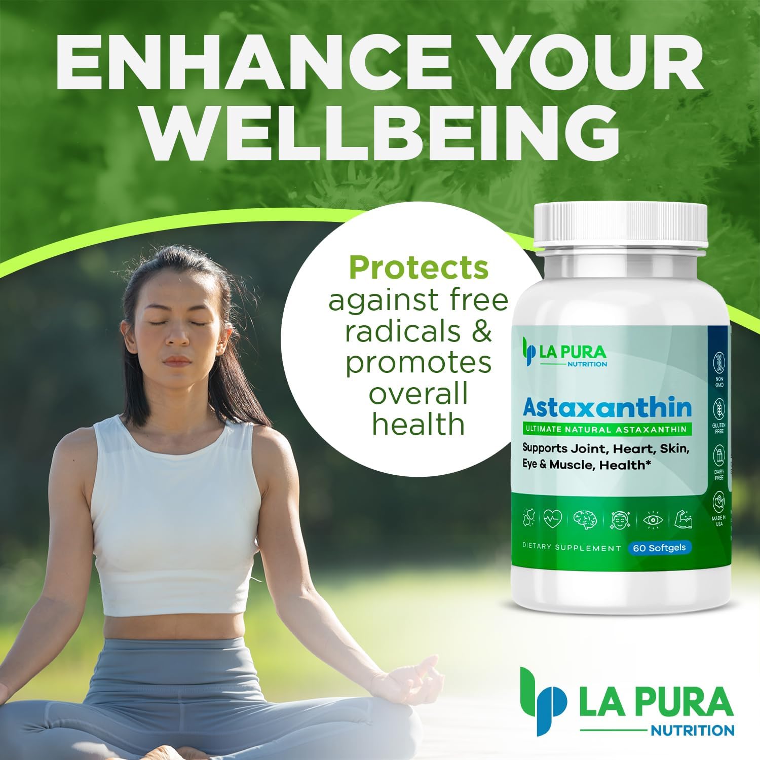 LaPura Ultimate Natural Astaxanthin 10mg Softgel Capsules - Pure Antioxidant Supplement for Joint, Heart, Brain, Skin, Eye & Muscle Support - Non-GMO, Gluten-Free, Made in USA