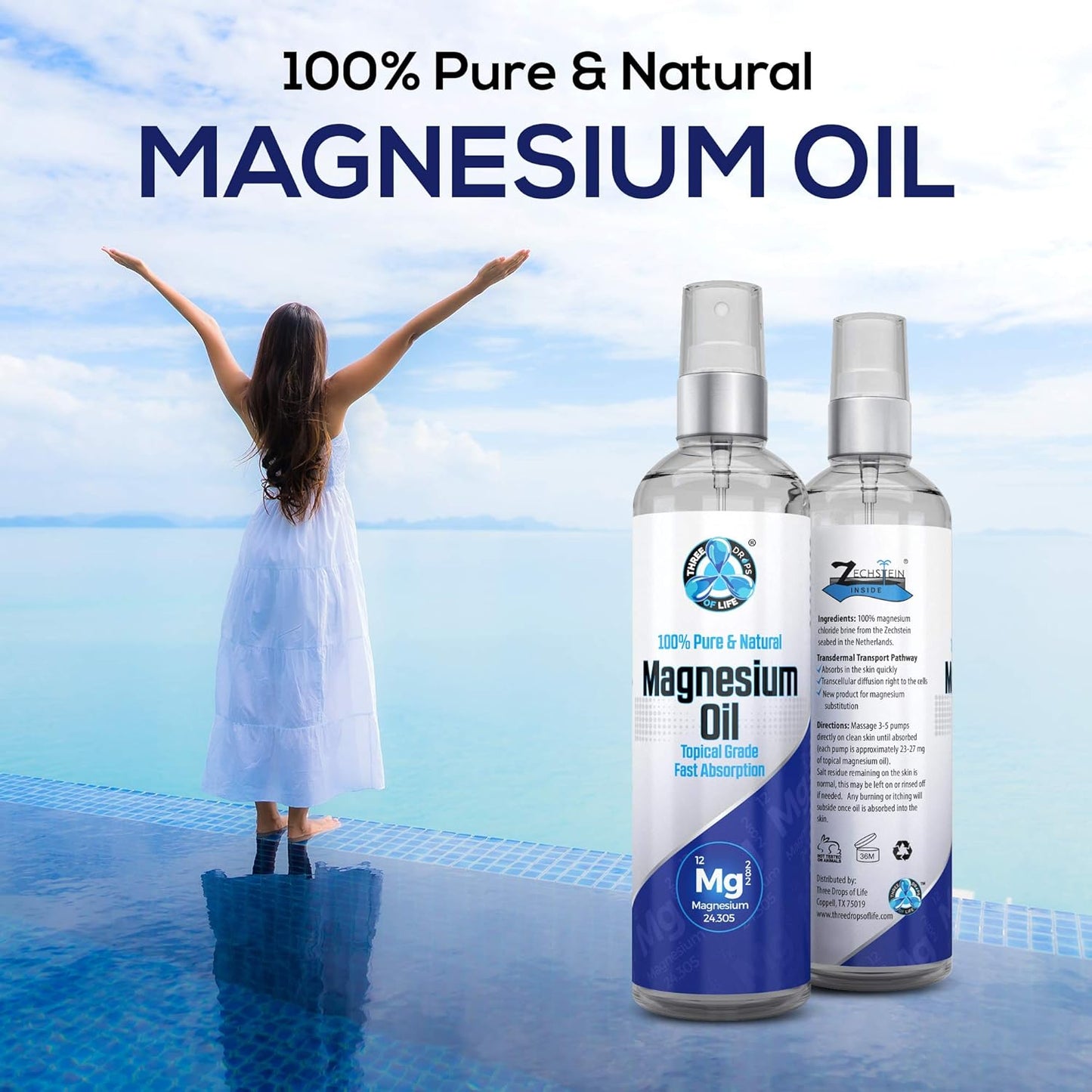 Large 8 fl oz Pure Magnesium Oil Spray - 100% Natural USP Grade, Zechstein Seabed Source, No Added Minerals - Official Zechstein Inside Distributor