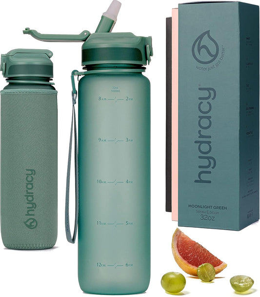 Large BPA Free Hydracy Water Bottle with Time Marker, No Sweat Sleeve, Leak Proof Gym Bottle, Fruit Infuser Strainer, Times to Drink - Perfect for Fitness, Sports, Outdoors - Stay Hydrated!