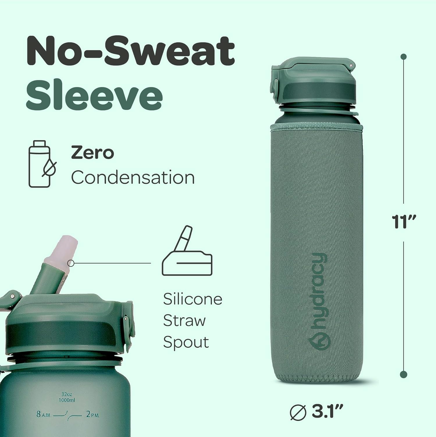Large BPA Free Hydracy Water Bottle with Time Marker, No Sweat Sleeve, Leak Proof Gym Bottle, Fruit Infuser Strainer, Times to Drink - Perfect for Fitness, Sports, Outdoors - Stay Hydrated!