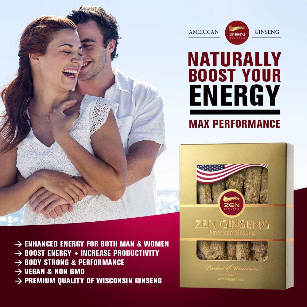 Large Short American Wisconsin Ginseng Root (4oz) for Performance & Mental Health - 1 Box - Zen Ginseng for Men & Women