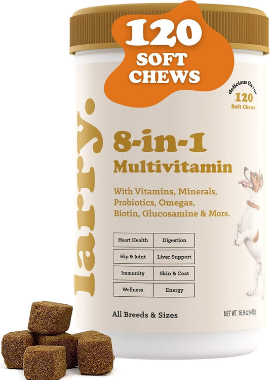 Larry's 8-in-1 Multivitamin Dog Supplement | Heart, Digestion, Liver, Skin, Coat, & Joint Support | Vitamins, Minerals, Omegas, & Glucosamine Chondroitin | 120 Soft Chews