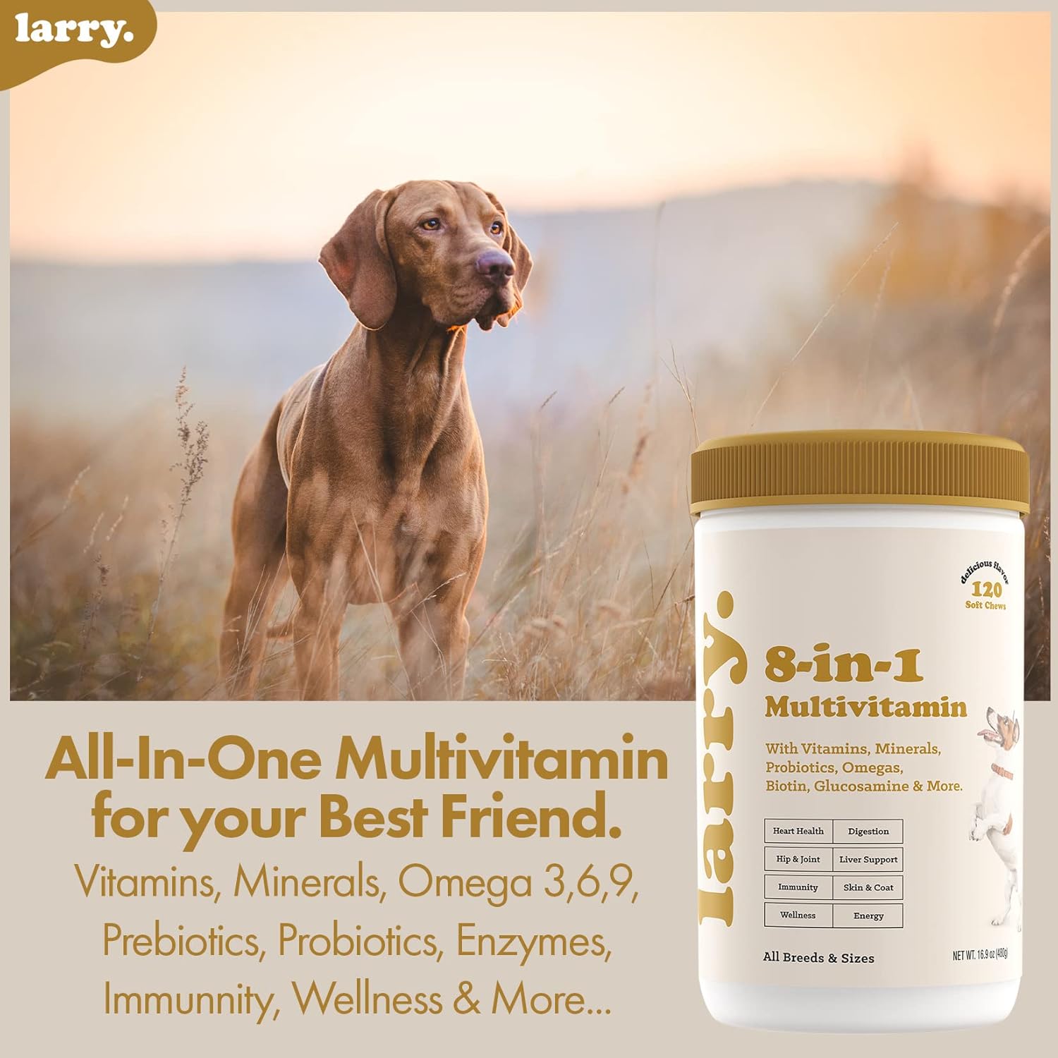 Larry's 8-in-1 Multivitamin Dog Supplement | Heart, Digestion, Liver, Skin, Coat, & Joint Support | Vitamins, Minerals, Omegas, & Glucosamine Chondroitin | 120 Soft Chews