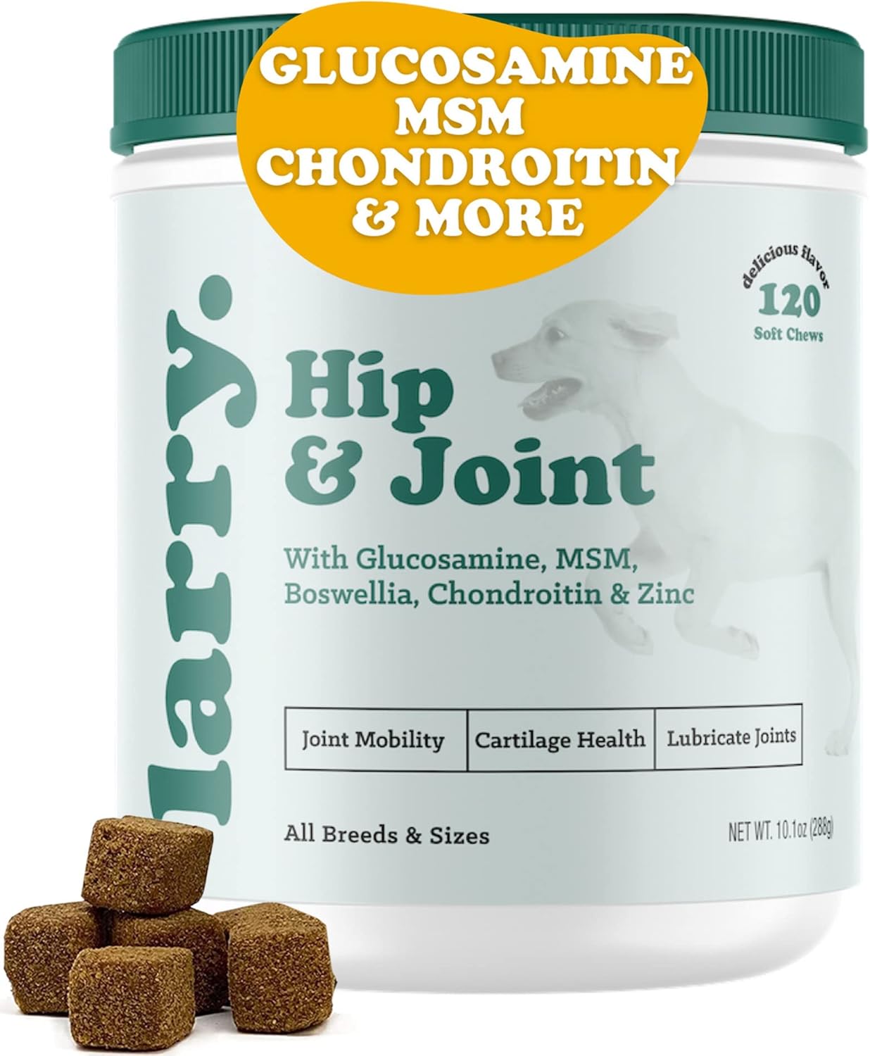 Larry's Dog Hip and Joint Care Supplement with Chondroitin, MSM, Hyaluronic Acid & Glucosamine - 120 Soft Chews for All Breeds & Sizes
