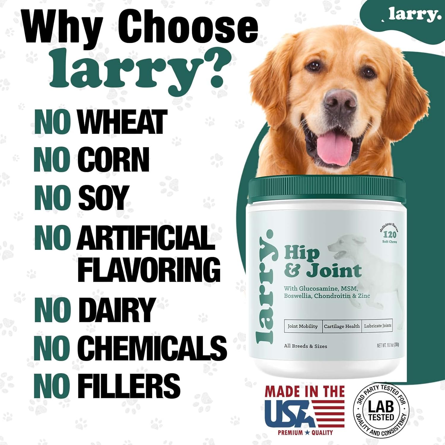 Larry's Dog Hip and Joint Care Supplement with Chondroitin, MSM, Hyaluronic Acid & Glucosamine - 120 Soft Chews for All Breeds & Sizes