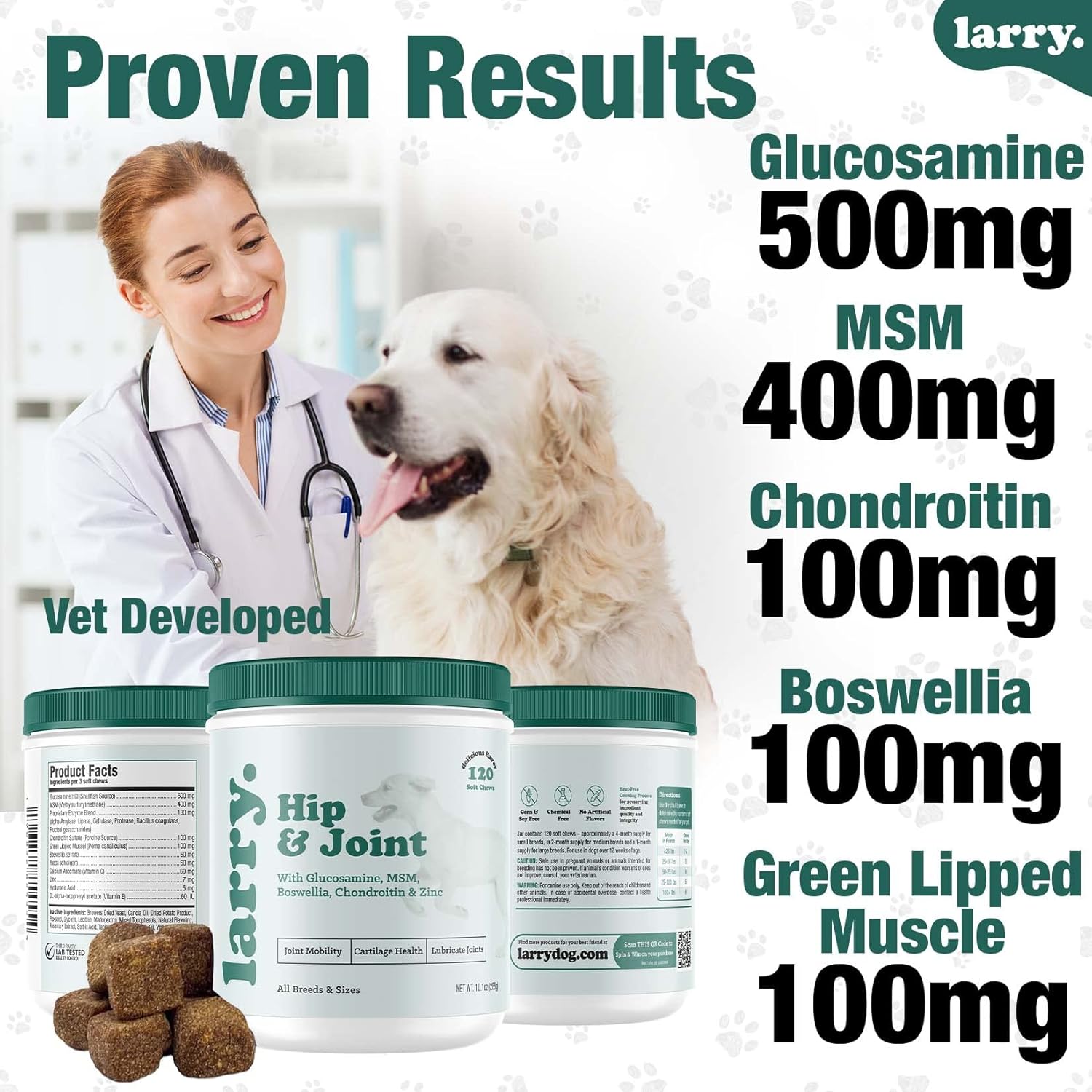 Larry's Dog Hip and Joint Care Supplement with Chondroitin, MSM, Hyaluronic Acid & Glucosamine - 120 Soft Chews for All Breeds & Sizes
