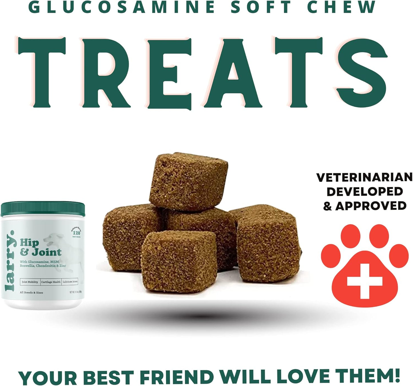 Larry's Dog Hip and Joint Care Supplement with Chondroitin, MSM, Hyaluronic Acid & Glucosamine - 120 Soft Chews for All Breeds & Sizes