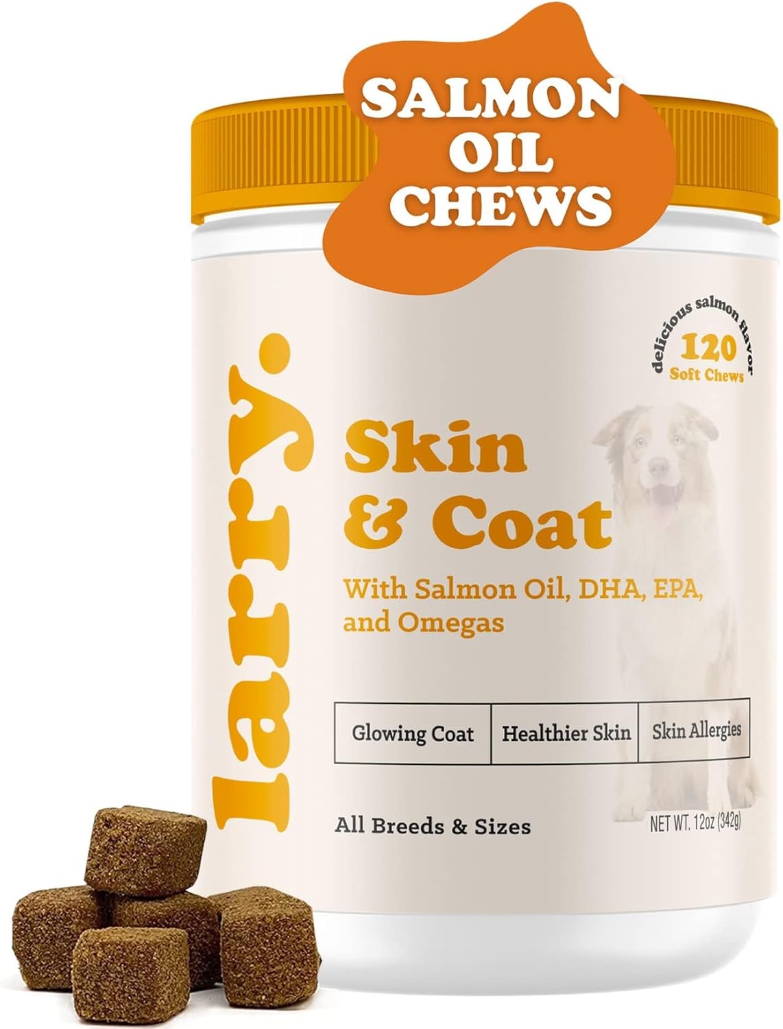 Larry's Salmon Oil Soft Chews for Dogs | Omega 3, 6, DHA, EPA Supplement for Skin, Coat, Joint Health | Itchy Skin & Allergy Relief | All Breeds & Sizes | 120 Chews