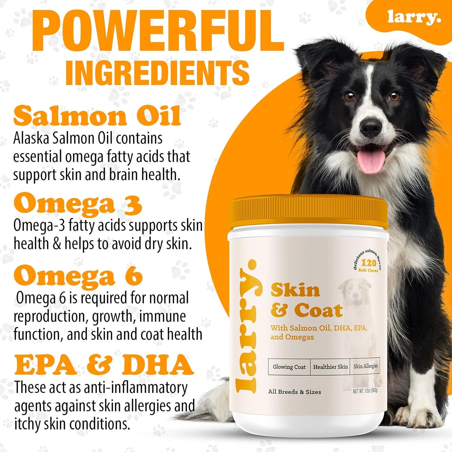 Larry's Salmon Oil Soft Chews for Dogs | Omega 3, 6, DHA, EPA Supplement for Skin, Coat, Joint Health | Itchy Skin & Allergy Relief | All Breeds & Sizes | 120 Chews