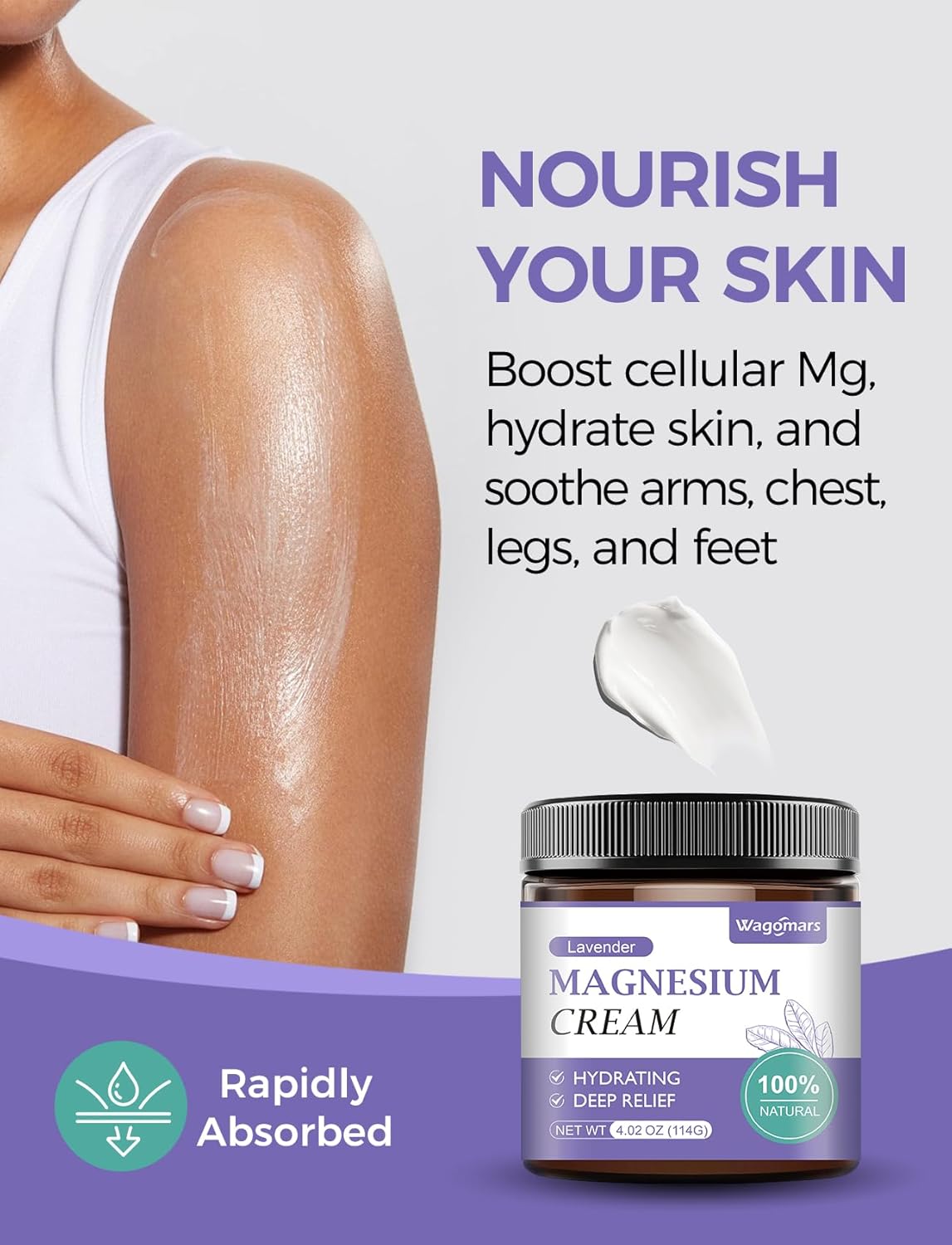Lavender Magnesium Cream for Sleep - Natural Topical Lotion for Leg Cramps, Muscle Relaxation, and Hydration - Safe for Children