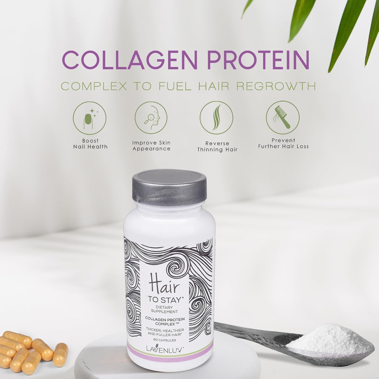 Lavenluv Hair Growth Capsules with Collagen Peptides and Biotin Vitamins for Thicker Hair - 60 Pills to Prevent Loss and Thinning