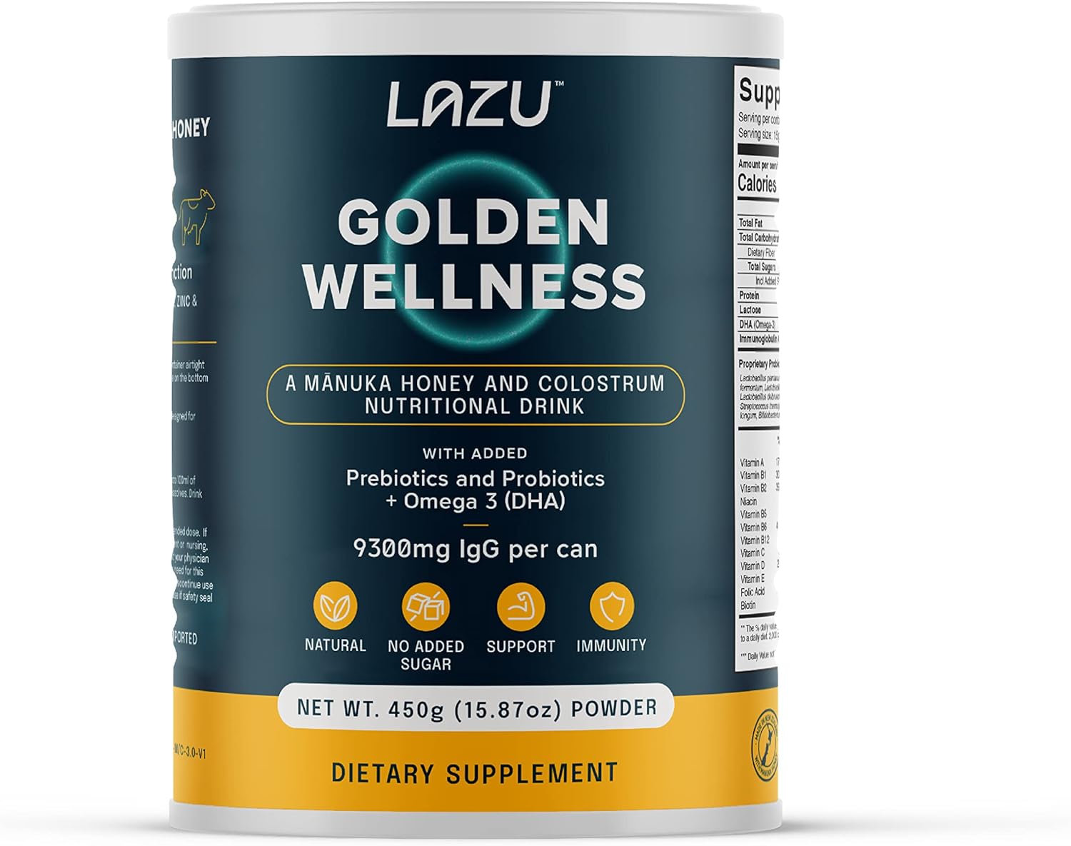 Lazu Golden Wellness Colostrum Supplement with Manuka Honey for Gut Health & Athletic Performance - 450g