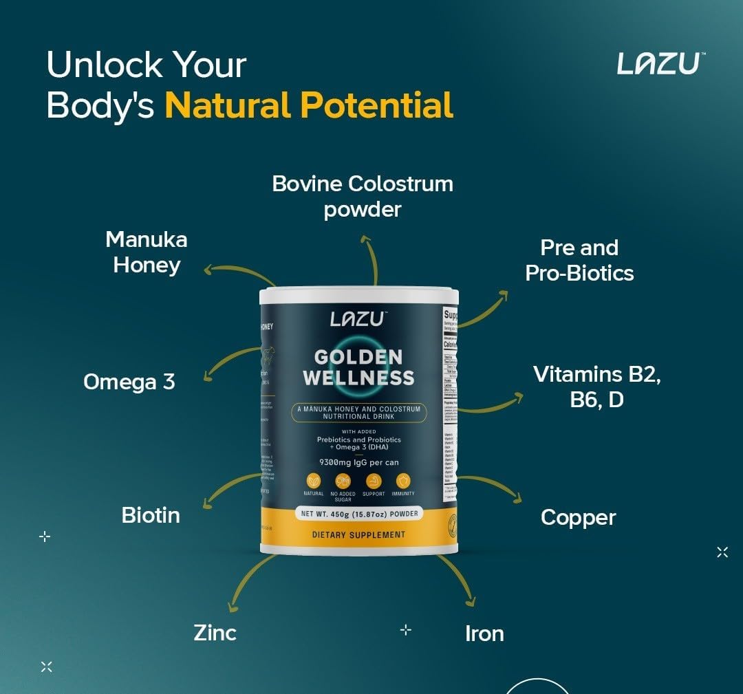 Lazu Golden Wellness Colostrum Supplement with Manuka Honey for Gut Health & Athletic Performance - 450g