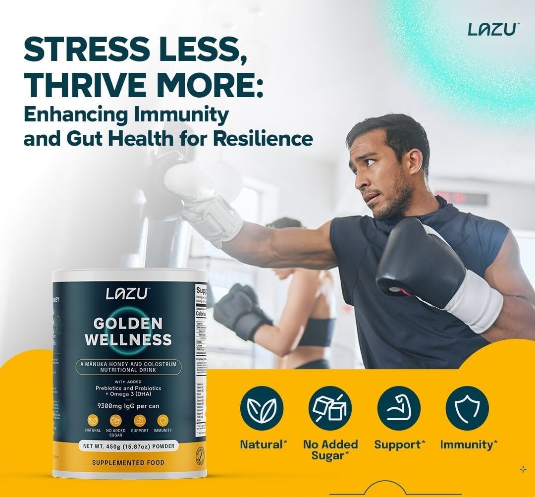 Lazu Golden Wellness Colostrum Supplement with Manuka Honey for Gut Health & Athletic Performance - 450g