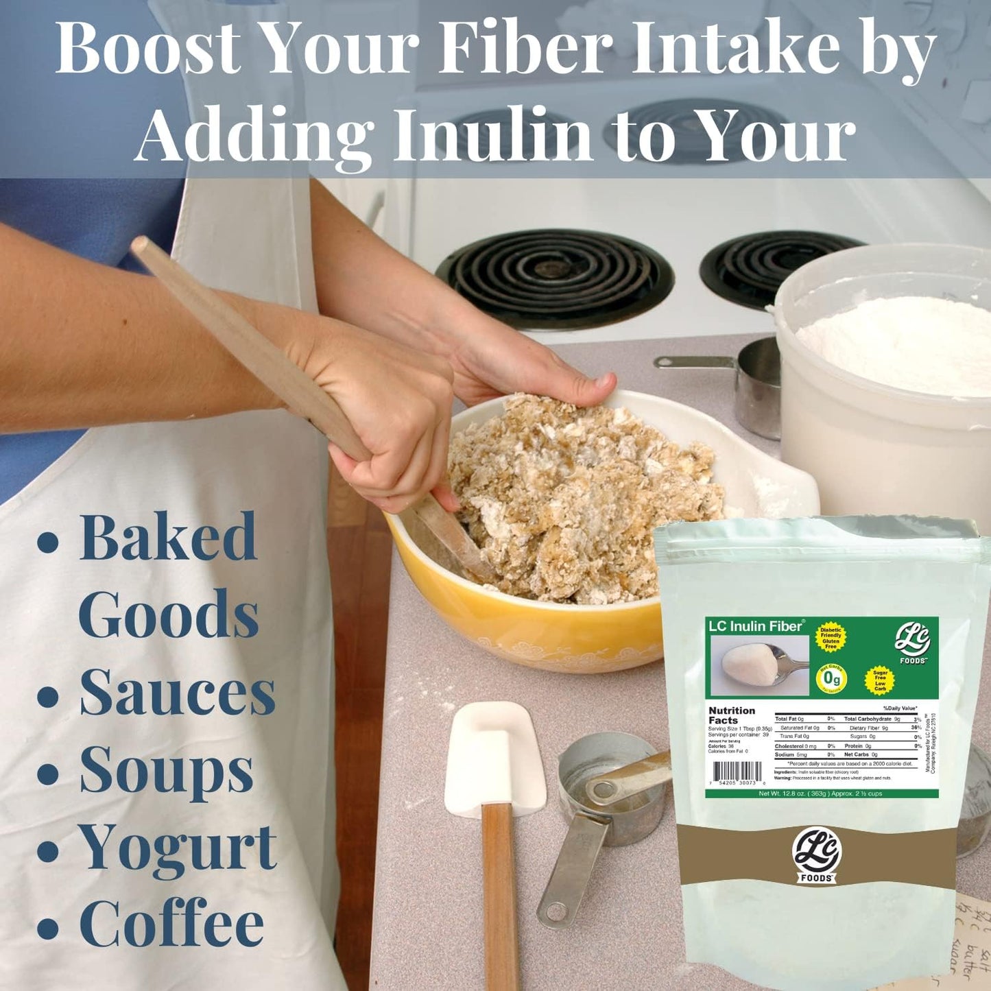 LC Foods Inulin Fiber Powder - Chicory Root Extract - Natural Low Carb Supplement - Gluten-Free, Sugar-Free - Diabetic-Friendly - 12.8 oz Jar