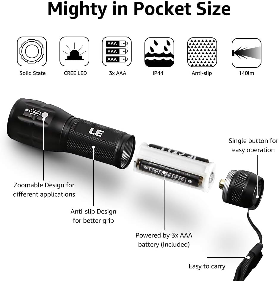 LE LED Flashlight High Lumens, Small & Waterproof - Adjustable Brightness for Outdoor, Emergency, Tactical & Camping - AAA Batteries Included
