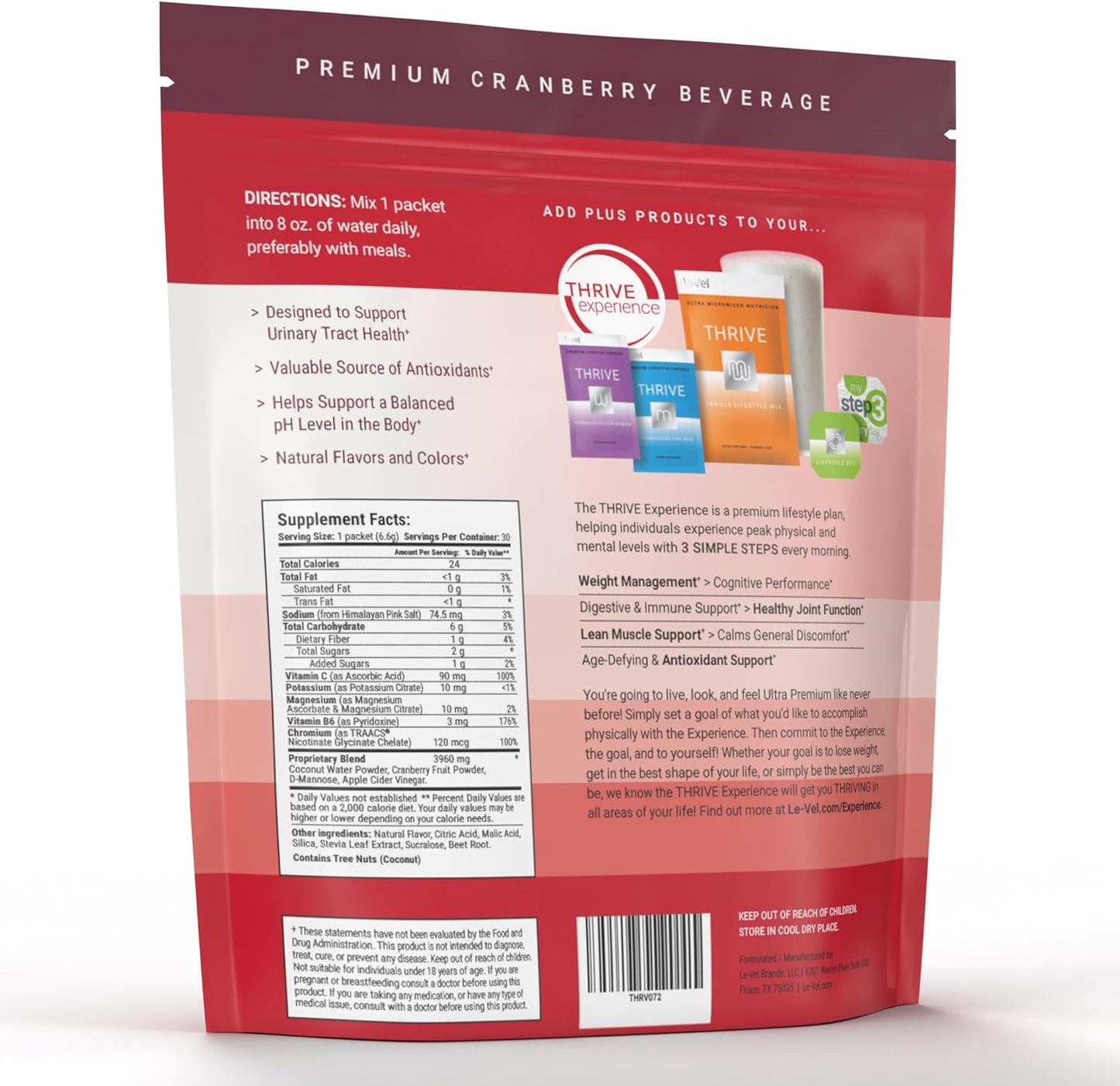 Le-Vel Thrive Cran+ Herbal Supplement Powder for Urinary Tract Health - D-Mannose, Cranberry, Apple Cider Vinegar & Antioxidants - 30 Packets