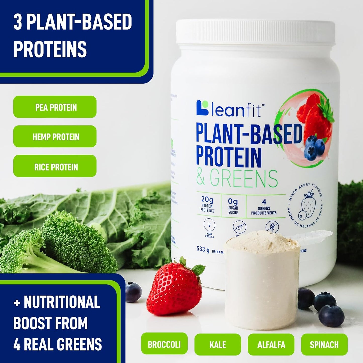 LeanFit Natural Berry Plant-Based Protein & Greens Powder - 20g Protein, 19 Servings - 1.25lb Tub
